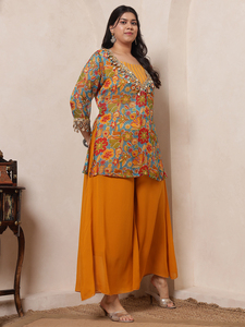 DEEBACO Conjunto coordinado de moda para mujer: Top floral de georgette hasta el tobillo con Kurti y Sharara, elegante cuello en V - Product Image 6