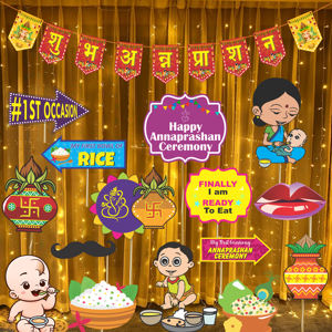 Kit Combinado Premium Rojo Shubh Annaprashan |   17 accesorios para fiestas con luces de hadas |   Conjunto de Decoración Shubh Annaprashan - Product Image 1