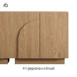 Meuble TV de style Mid-Century Modern en teck avec portes cintrées cannelées et étagères ouvertes, facile à assembler, pour cuisine, salon, chambre - Product Image 6