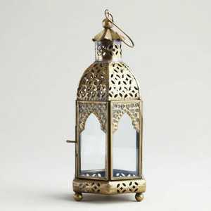 Golden <b>Brass</b> <b>Lantern</b> With Glass Panels And Intricate Cutout Design For Home Decoration - Product Image 2