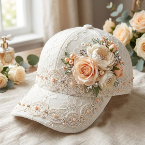 Premium <b>Women</b> Lace Baseball <b>Hat</b> With Floral Lace Embroidery Rhinestone Details Adjustable Fashionable Casual Headwear - Product Image 4