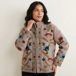 Sujani Eco-friendly Natural Dyes Quilted Knitted Floral Blazer <b>Jacket</b> Khadi Cotton Satin Stand Collar Double Breasted Autumn - Product Image 2