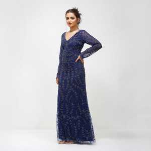 Robe de soirée élégante bleue en tulle perlé à col en V, coupe crayon midi, sans manches, motif floral, ajustée, avec logo frontal - Product Image 3