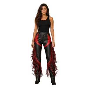 Pantalon en cuir noir et rouge à franges pour femme, style western cowgirl – Pantalon à franges taille haute en cuir véritable fait main - Product Image 3