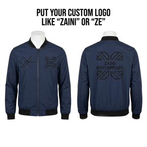 เสื้อแจ็คเก็ตบอมเบอร์ผ้าโพลีเอสเตอร์ทาสลอนพรีเมียม 150 GSM สีกรมท่า พร้อมโลโก้ซิลิโคนแบบกำหนดเอง ซิปเต็มตัว คอเสื้อแบบริบถัก - Product Image 1