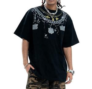 T-shirt Homme Noir Graphique en Coton Lourd Surdimensionné Style Hip Hop avec Collier Imprimé Numérique DTG – Vente en Gros - Product Image 2
