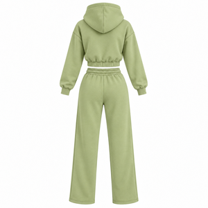 Conjunto de dos piezas de sudadera corta y pantalones anchos de algodón polar para mujer, personalizado por OEM, directo de fábrica. - Product Image 4