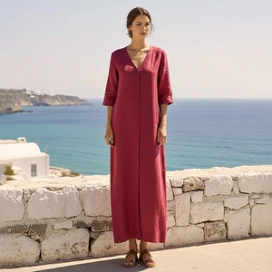 Organic Cotton Midi Dress 3/4 Sleeve Pleated with Pockets Retro Loose High Waist A-Line Breathable for Women - Product Image 1
