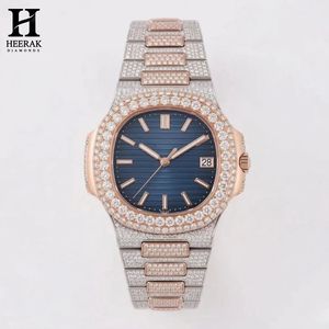 Reloj Moissanite personalizado de dos tonos, oro rosa, plata, esfera azul, completamente cubierto de diamantes, reloj de pulsera de lujo para hombre de acero inoxidable - Product Image 1