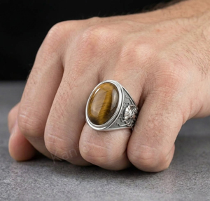 Men's 925 Sterling <b>Silver</b> Tiger Eye Gemstone 12x16mm Oval Shape Bezel Setting Skull Engraved Signet Ring Everyday Wear For Boys - Product Image 4