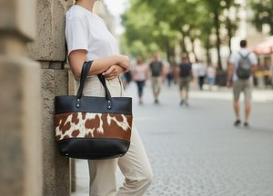 กระเป๋าโท้ทหนังแท้ทำมือ แต่งขนสัตว์ ปักลาย สีพื้น ปิดซิป สำหรับผู้หญิง รุ่น LHTB-0021 - Product Image 4