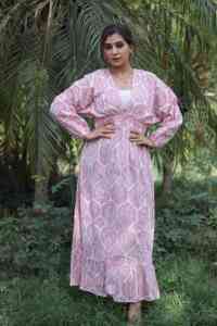 Robe courte imprimée à la main indienne pour femmes Robe d'été décontractée en coton Robe longue courte de style boho Tissu naturel à la taille - Product Image 2