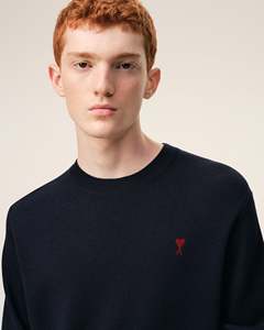 Men's Navy Crew Neck <b>Sweater</b> Embroidered Heart Logo Regular Fit Knitted Cotton <b>Pullover</b> Casual Autumn Wear - Product Image 3