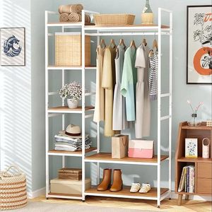 Porte-vêtements sur pied en métal minimaliste à 5 niveaux, multifonctionnel, avec barre de suspension et étagères - Product Image 1