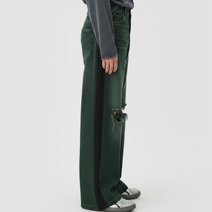 <b>Men's</b> Green Ripped Straight <b>Jeans</b> Mid Waist Distressed Canvas Organic Cotton Lightweight Casual Street Style Pants Autumn Wear - Product Image 3