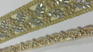 Bordure décorative de luxe fantaisie traditionnelle brodée de dentelle florale, de travail miroir et de perles pour Saree, Robe, Vêtement de mariage - Product Image 2