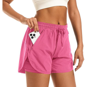 Magenta 2 in 1 <b>Drawstring</b> Gym Shorts for Women Polyester Double Layer Workout Shorts with Zipper Pocket Running - Product Image 1