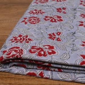 Handmade Grey Cotton <b>Fabric</b> Red Flower Leaf Vine Block Print Pattern for Kurtis Dresses Craft Furnishing - Product Image 5