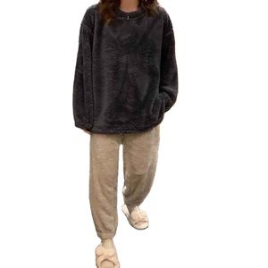 Ensemble de pyjamas en polaire d'hiver pour femmes velours solide 2 pièces pantalon en flanelle maison costume chaud moelleux décontracté vêtements de nuit tissu peigné - Product Image 1