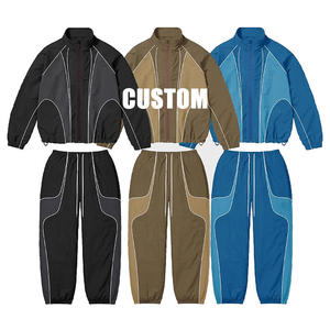 Custom Winter Color Blocked Knitted Sweatsuit Cut <b>Sew</b> Zip Front Jacket Pants Track <b>Set</b> Polyester Nylon Windbreaker Sports Men - Product Image 3