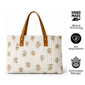 Bolso Tote Bohemio Acolchado Floral con Asas de Cuero Marrón, Estilo Vintage, para Uso Diario en Verano, Tela de Algodón, Impresión a Mano Premium - Product Image 3