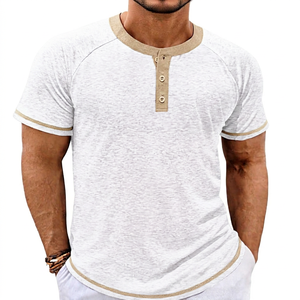 Men's Pink <b>Henley</b> T-<b>Shirt</b> Short Sleeve Knitted Cotton Regular Fit Casual Solid Color Contrast Trim O-Neck - Product Image 3