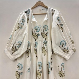 เดรสลำลองผู้หญิง ผ้าทอ 100% คอตตอน ลายพิมพ์ดอกไม้/สีพื้น แขนสั้น เอวทรงเอ็มไพร์ ทรงเบบี้ดอลล์ โอเวอร์ไซส์ คอวี ทรงหลวม - Product Image 1