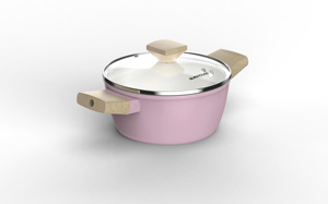 Juego de ollas SUNHOUSE de cerámica rosa antiadherente con base de acero inoxidable, tapas de vidrio y mangos de madera para cocinas de gas e inducción - Product Image 4