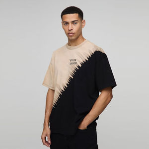 <b>Mens</b> Beige <b>Black</b> Diagonal <b>Tie</b> Dye Split Color Block Crew Neck Oversized Short Sleeve Cotton T-Shirt Custom Logo OEM ODM - Product Image 3