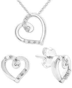 2-PC. Conjunto de collar con colgante calado de corazón de diamante y pendientes de tuerca a juego (1/6 CT. T. W.) en plata de ley | Macy's - Product Image 1