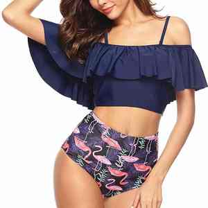 Traje de Baño con Textura Plisada y Dobladillo con Volantes Decorativos, Diseño Juvenil y Lindo, Material de Alta Elasticidad, Bikini para Mujer, Natación, Playa - Product Image 1