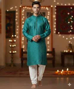 Oferta Especial en Elegante Conjunto de Kurta y Pijama para Hombre, Tejido Jacquard de Seda Artificial, Atuendo Étnico Tradicional Disponible al Mejor Precio - Product Image 2