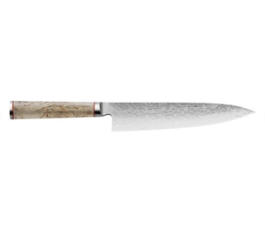 Ensemble de couteaux de cuisine à manche brun clair avec lames à motifs argentés, bloc en bois et ciseaux pour trancher, hacher et préparer les aliments - Product Image 4