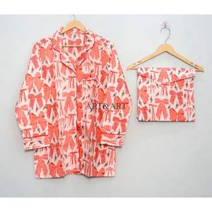 Ensemble de pyjama de luxe 100 % coton avec nœud imprimé, doux et confortable, idéal pour l'été, l'automne et le printemps, pour la nuit et la détente - Product Image 2