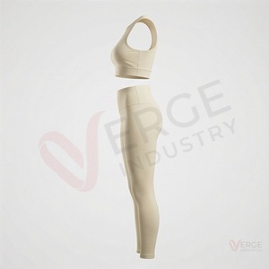 Conjunto de Yoga de 2 Piezas sin Costuras para Mujer, Top Corto con Cuello Redondo y Leggings Largos de Cintura Alta, Color Beige - Product Image 3
