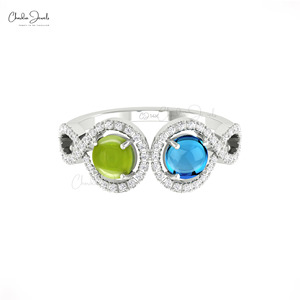 Anillo de Doble Halo con Peridoto y Topacio Azul Suizo de 5mm en Oro Fino de 14k, Anillo de Aniversario de Bodas con Diamantes, en Tendencia - Product Image 2