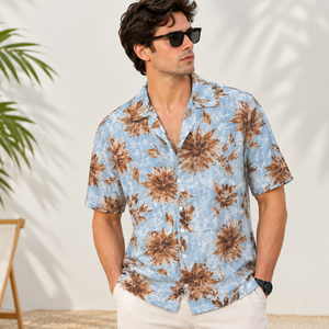 Camisa Vintage Floral para Hombre con Cuello Camp Collar, 100% Algodón Flexible, Manga Corta, Corte Relajado, Estilo Casual para Playa, Verano, Vacaciones - Product Image 4