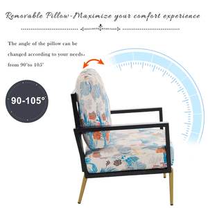 Mid-Century moderno velluto poltrona struttura in legno massello gambe in metallo disegno floreale blu per la lettura per soggiorno camera da letto balcone - Product Image 3