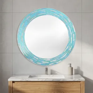 Espejo Redondo de Mosaico Turquesa Azul Aqua Hecho a Mano con Marco de Azulejos Geométricos de Vidrio, Espejo Decorativo Moderno para Sala de Estar - Product Image 3