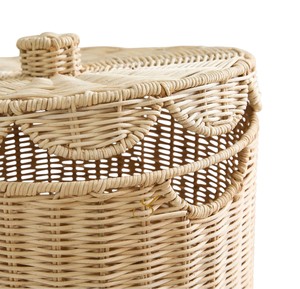 Tall Scalloped Rattan Basket with Lid Woven Decorative Storage <b>Box</b> Large Neutral Kids Nursery Room Toy <b>Hamper</b> Bin - Product Image 3