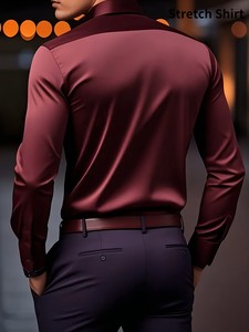 Camisa de vestir de seda satinada color borgoña para hombre, manga larga, cuello vuelto, formal, de color sólido, con botones. - Product Image 2