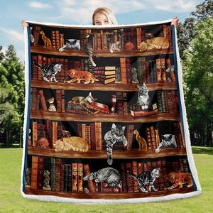Vintage Kitten Sherpa Fleece Blanket Cat in Bookshelf Design As Librarian or Book Lover Gift Throws for Bed Couch or Sofa - Product Image 1