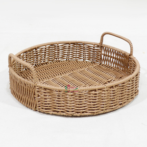 Handmade Rustic Eco Friendly Rattan Wicker Round Serving <b>Basket</b> <b>Tray</b> Set Nesting Handles - Product Image 4