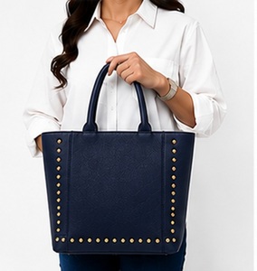Gravs Luxury Genuine Leather <b>Studded</b> Tote <b>Bag</b> Women Large Capacity Magnetic Button Closure England Style Shoulder Handbag - Product Image 3