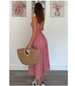 Vestido Bustier Rojo con Estampado Floral y Cuadros, para Mujer, Maxi/Midi, Ligero, Cómodo, para Verano, Picnic, Fiesta, Playa, Salidas Diarias, Casual - Product Image 2