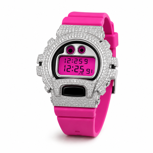 Reloj Digital de Lujo con Incrustaciones de Moissanita, Caja de Acero Inoxidable, Correa de Silicona Rosa, Estilo Hip Hop, Unisex - Product Image 1