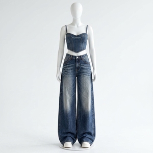 <b>Womens</b> Blue Denim Two Piece Set Corset Crop Top <b>Baggy</b> Wide Leg <b>Jeans</b> Washed Finish Custom OEM ODM Wholesale Clothing Manufacture - Product Image 3