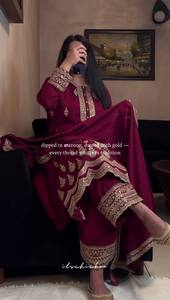 Maroon Rayon Embroidered Indian Pakistani Traditional <b>Dress</b> With Gold Work Ankle-Length Loose Fit Women's Wedding Wear - Product Image 3