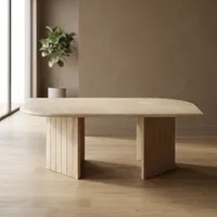 Table basse vintage en cuir, plateau asymétrique en marbre beige, pieds cannelés, mobilier moderne pour salon, décoration NAVYANI ARTS