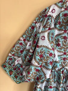 Boho Chic <b>White</b> Hand Block Floral Print Loose Cotton Midi Dress With Tie-Neck Short Sleeve Boho Casual Dress For Women - Product Image 2